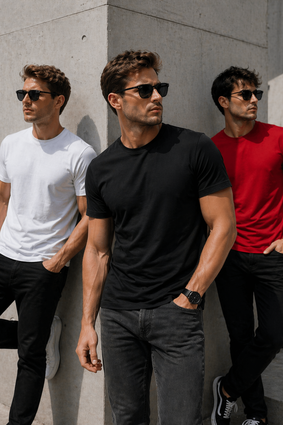 Erkek 3'Lü Siyah-Beyaz-Kırmızı Paket %100 Pamuk Slim Fit Sporcu Tişört Basic Bisiklet Yaka Kısa Kollu T-Shirt