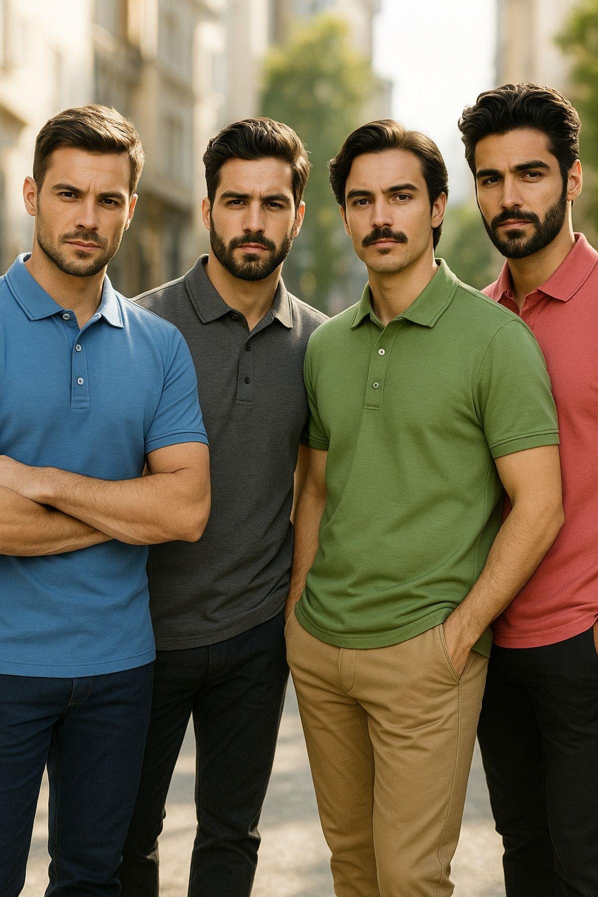 Erkek 4'lü Paket Cepsiz Polo Yaka T-shirt Dar Kesim Nefes Alan Kumaş Kıvrılmaz Yaka Tişört