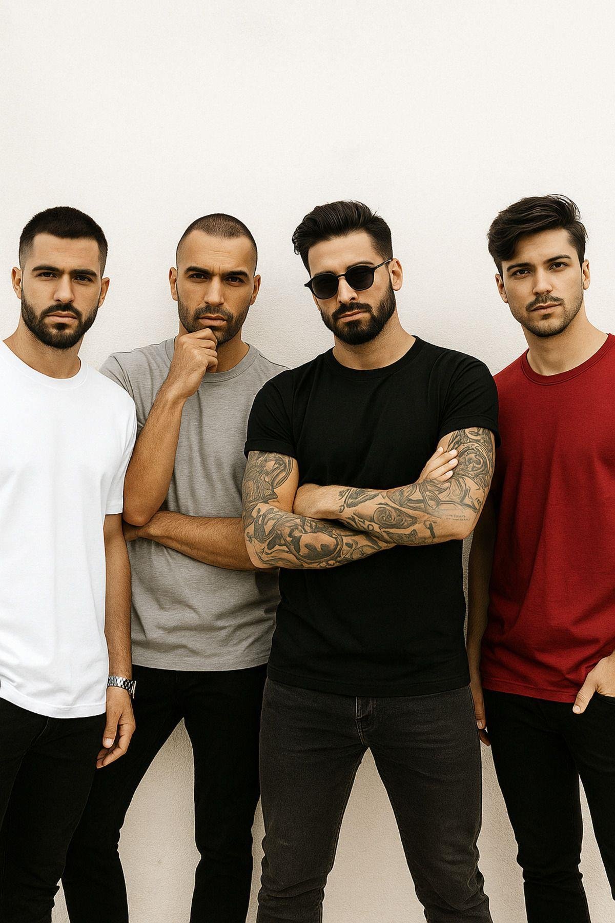 Erkek 4'lü Paket Kırmızı-Siyah-Beyaz-Antrasit %100 Pamuk Oversize Tişört Basic Kısa Kollu T-Shirt