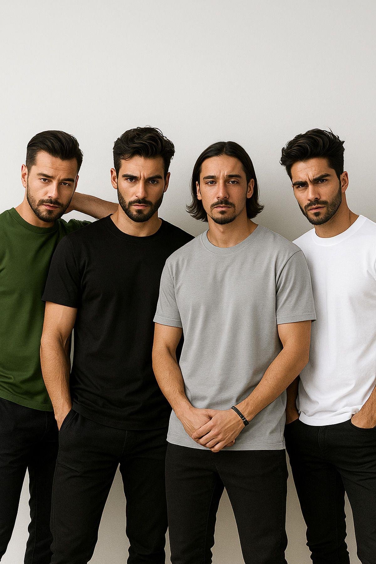 Erkek 4'lü Paket Yeşil-Siyah-Beyaz-Antrasit %100 Pamuk Oversize Tişört Basic Kısa Kollu T-Shirt