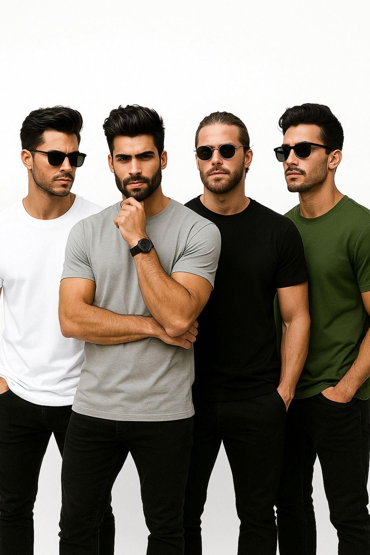 Erkek 4'lü Paket Yeşil-Siyah-Beyaz-Antrasit %100 Pamuk Oversize Tişört Basic Kısa Kollu T-Shirt