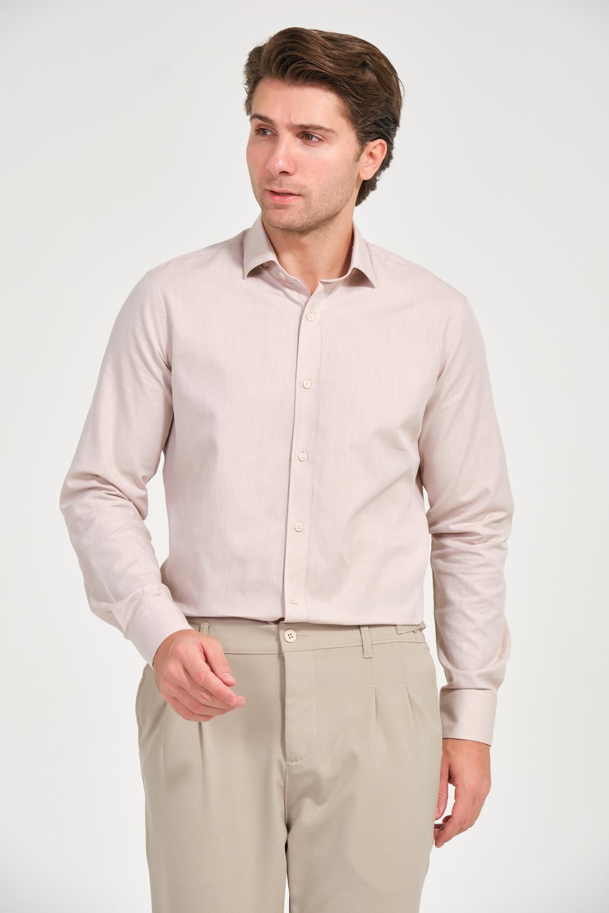 Erkek Açık Kahve Comfort Fit Uzun Kollu Gömlek