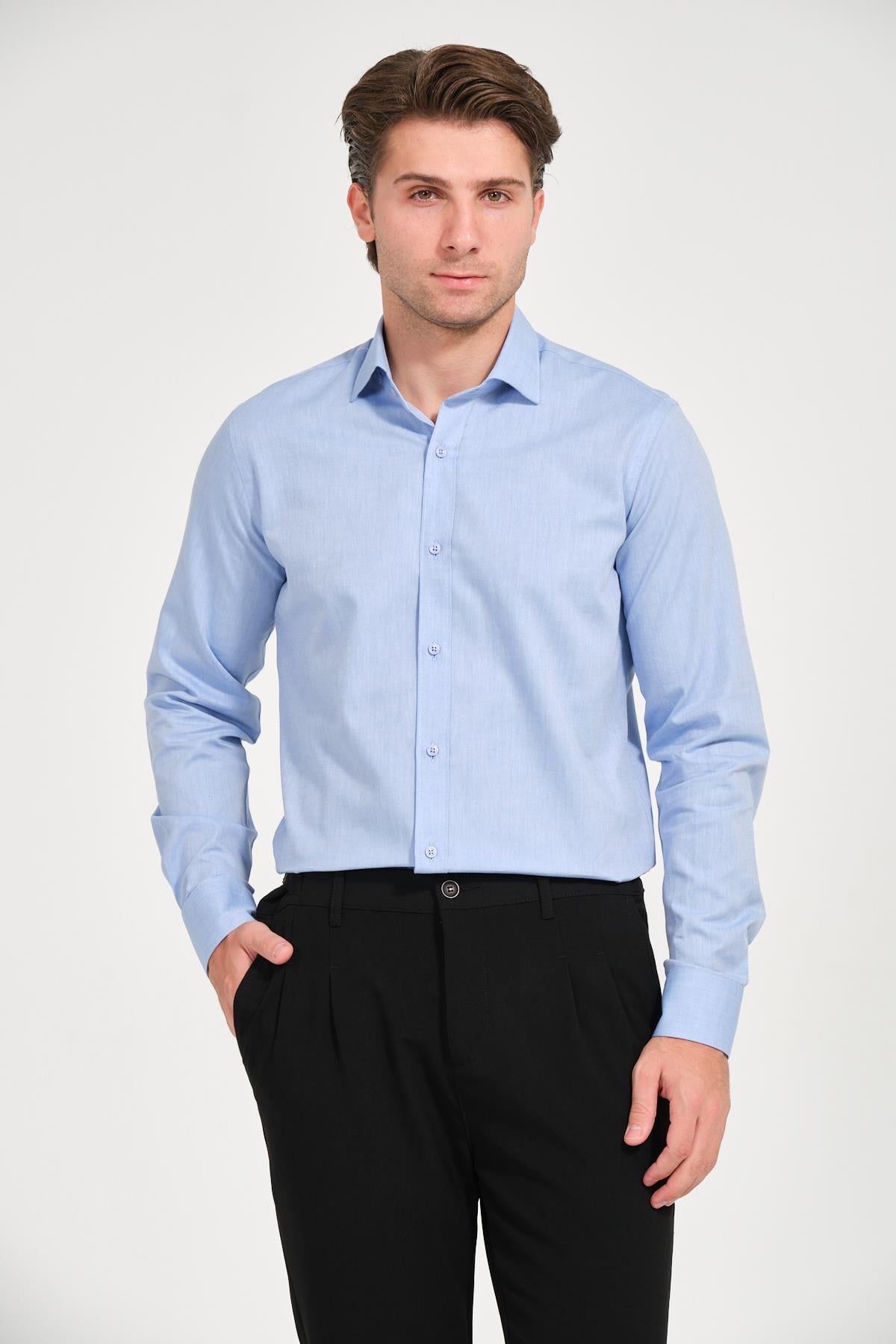 Erkek Açık Mavi Comfort Fit Uzun Kollu Gömlek