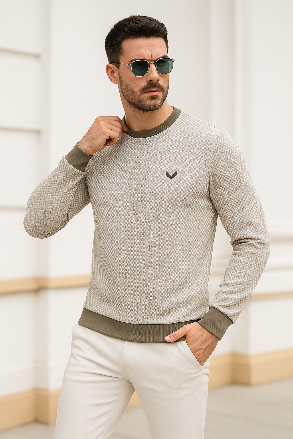 Erkek Bej Kare Desenli Bisiklet Yaka Sweatshirt