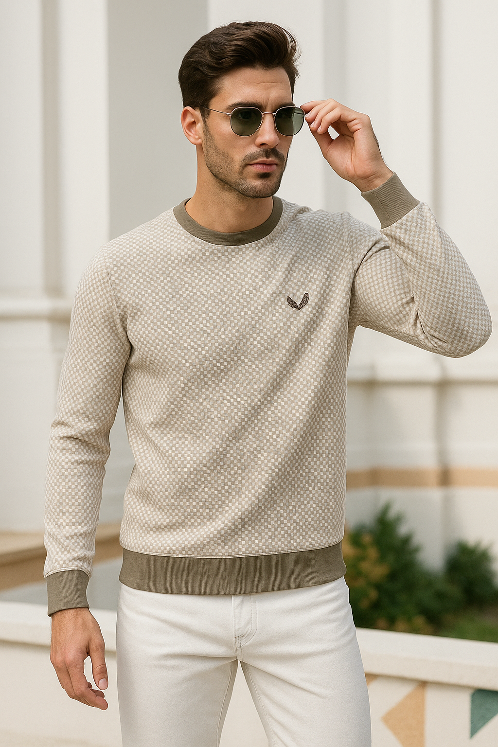 Erkek Bej Kare Desenli Bisiklet Yaka Sweatshirt