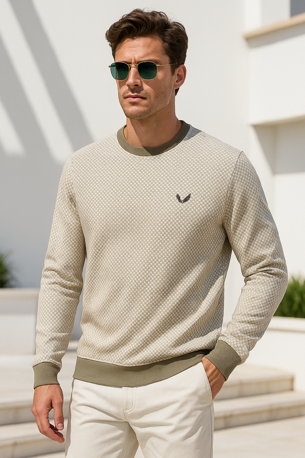 Erkek Bej Kare Desenli Bisiklet Yaka Sweatshirt