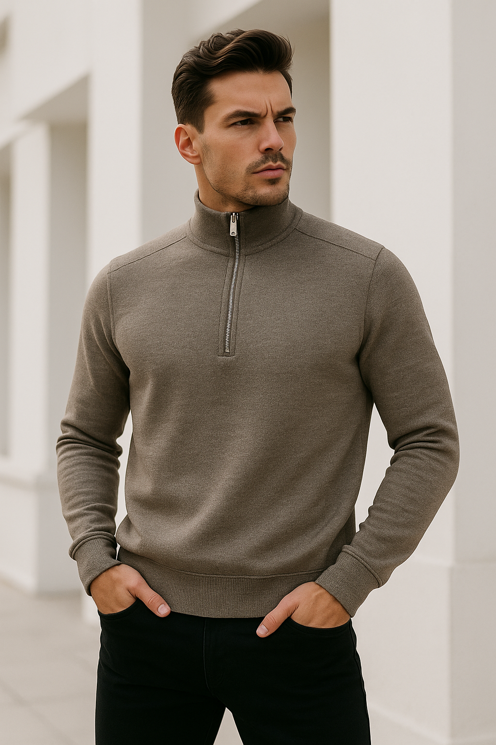 Erkek Bej Yarım Fermuarlı Sweatshirt