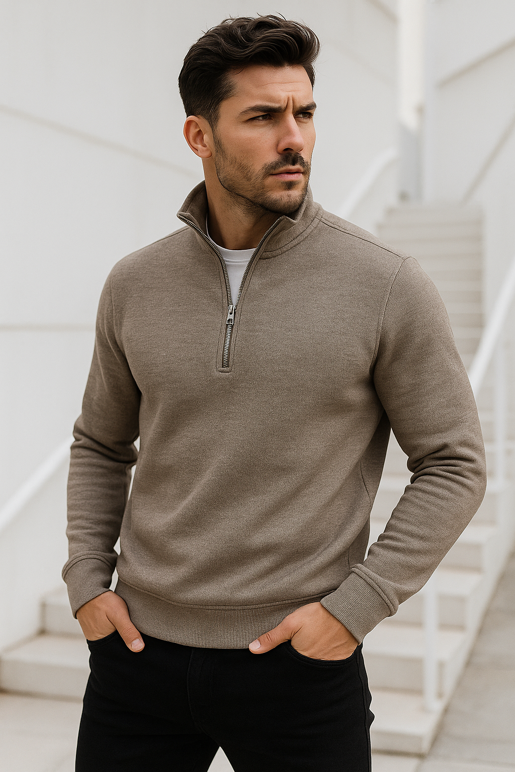 Erkek Bej Yarım Fermuarlı Sweatshirt
