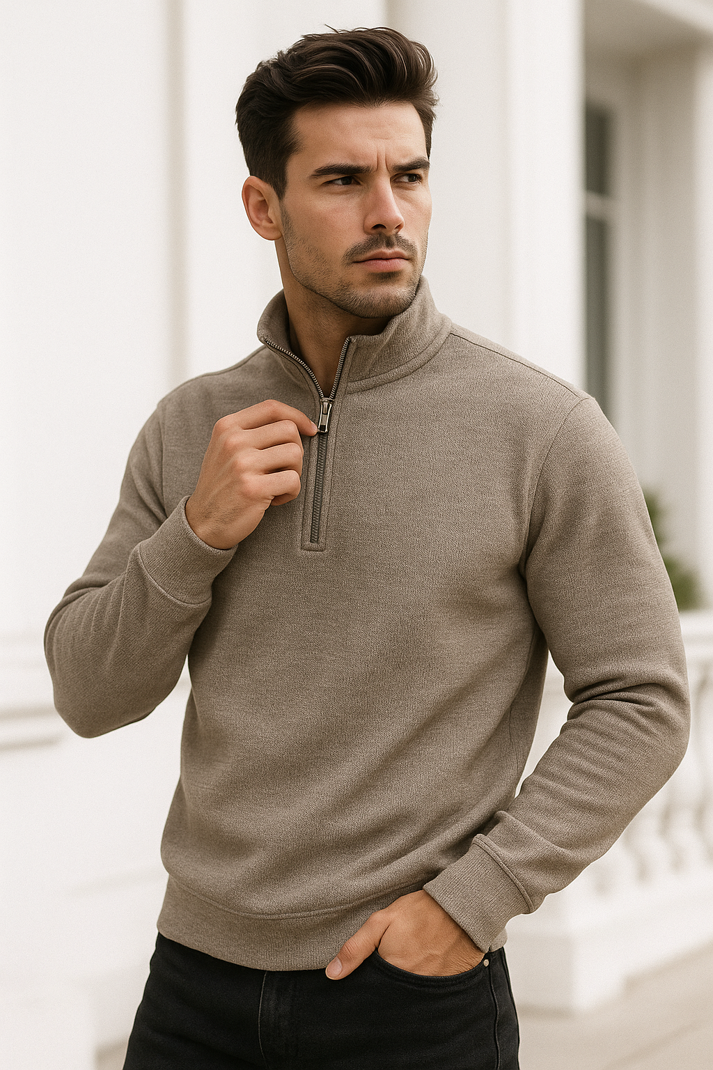 Erkek Bej Yarım Fermuarlı Sweatshirt