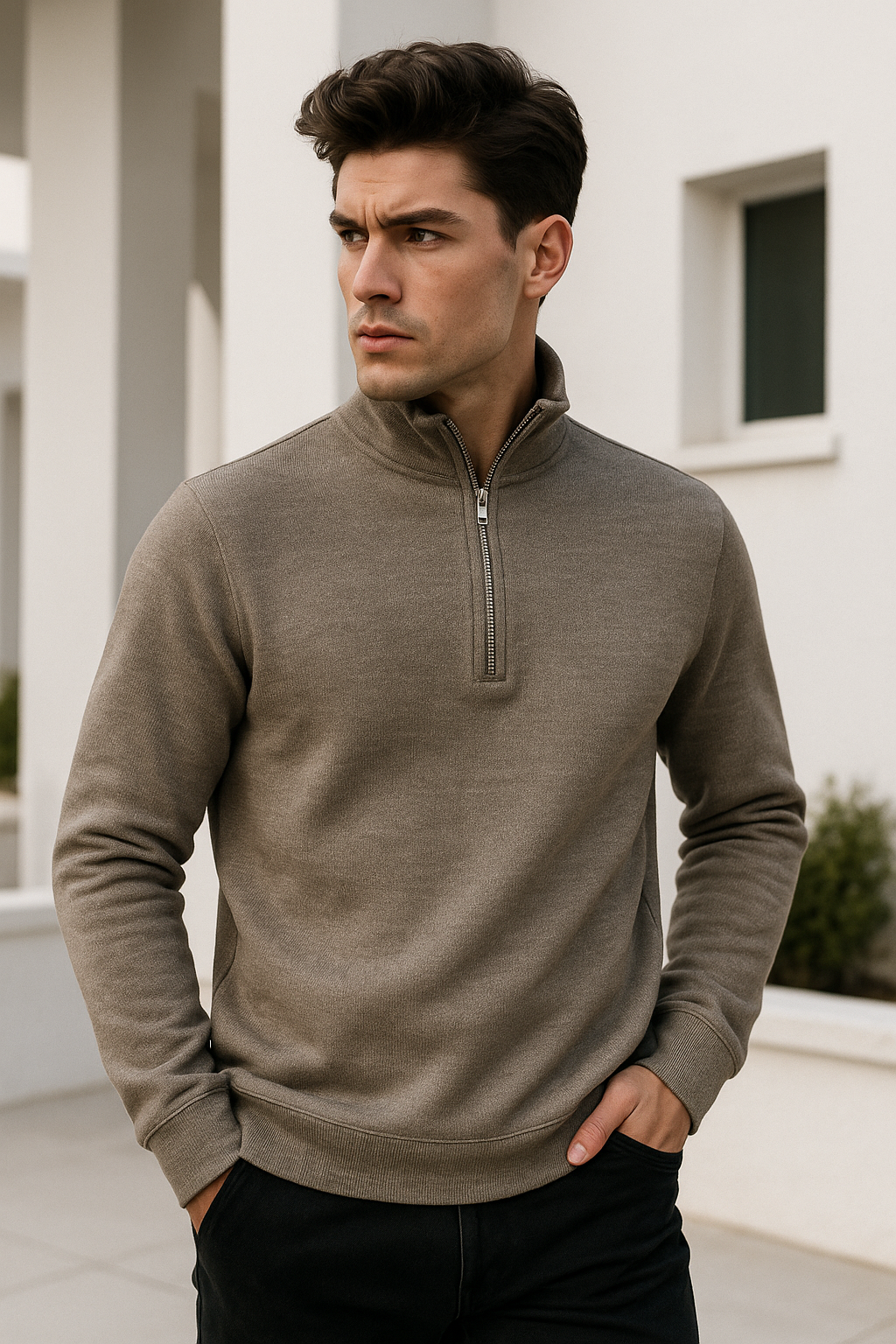 Erkek Bej Yarım Fermuarlı Sweatshirt