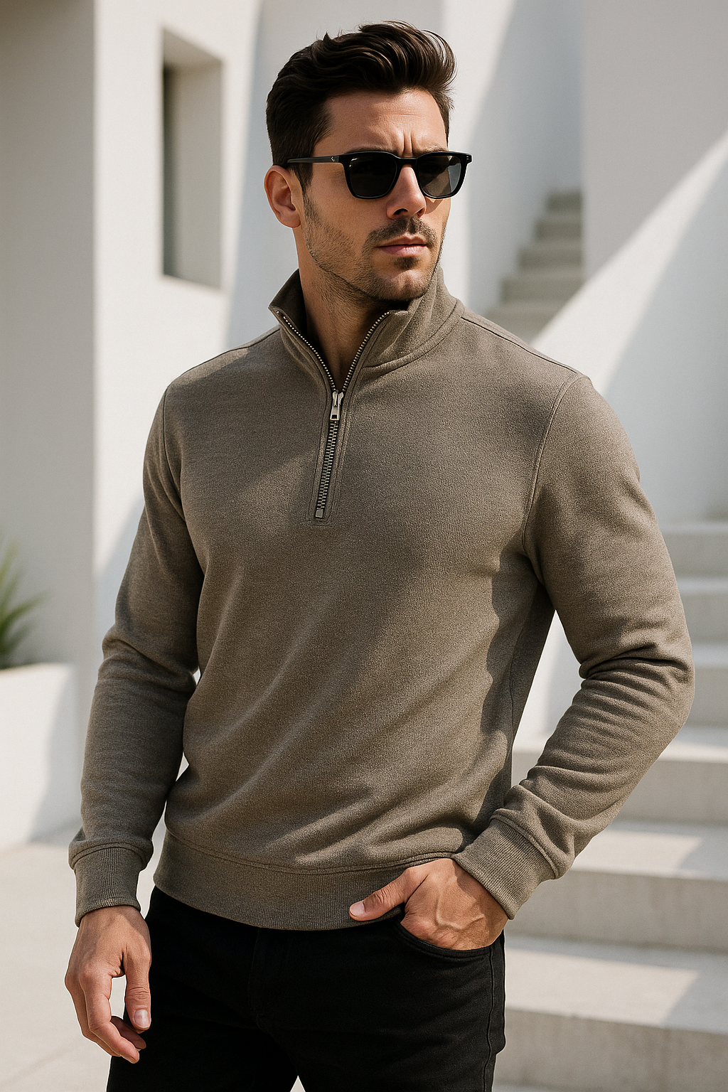 Erkek Bej Yarım Fermuarlı Sweatshirt