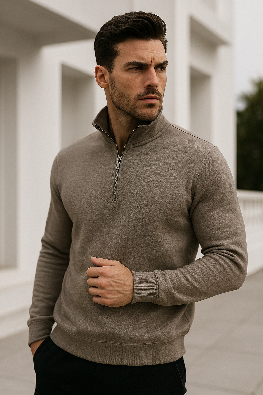 Erkek Bej Yarım Fermuarlı Sweatshirt