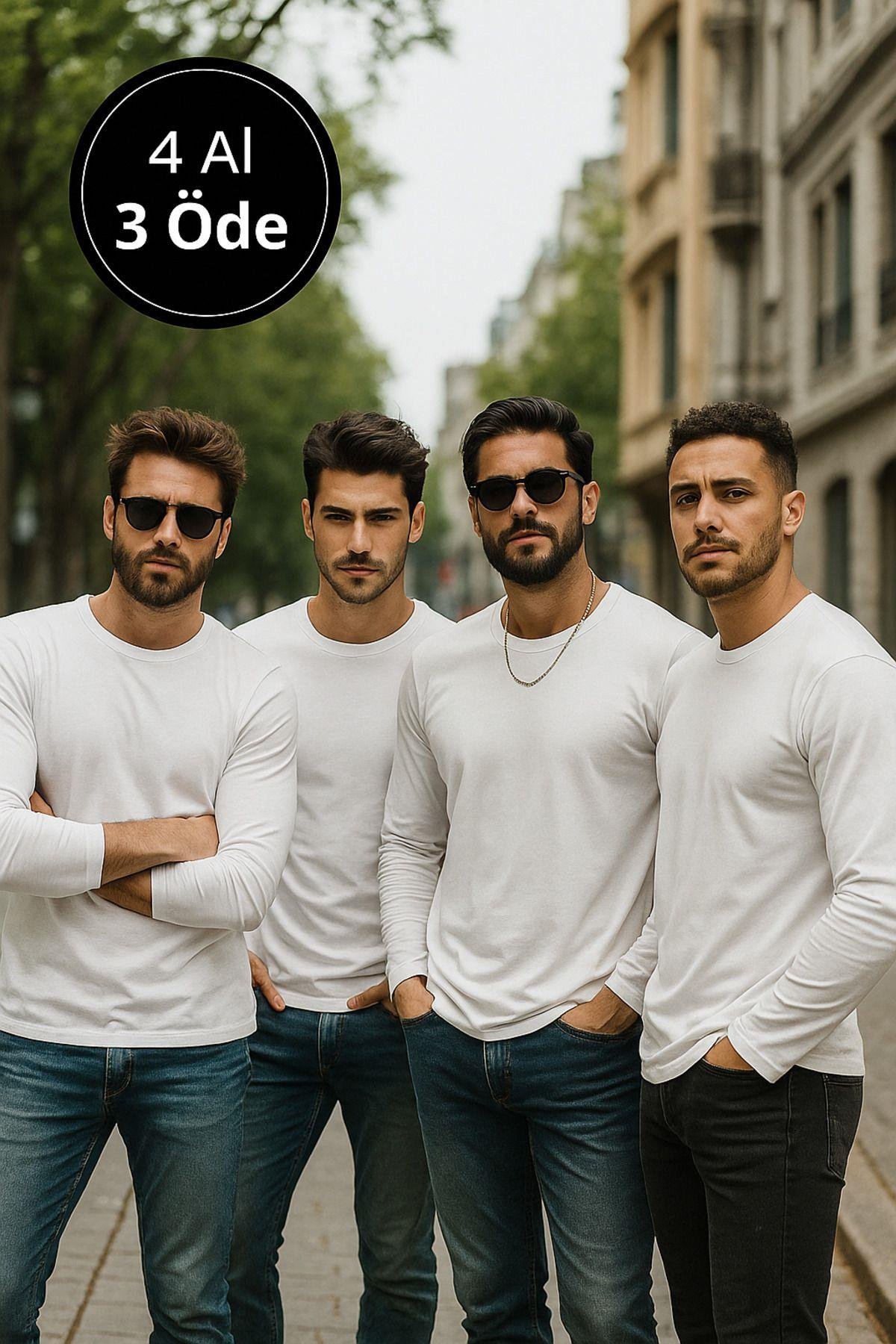 Erkek Beyaz 4'lü Paket Basic Uzun Kollu Tişört Sporcu Body T-shirt