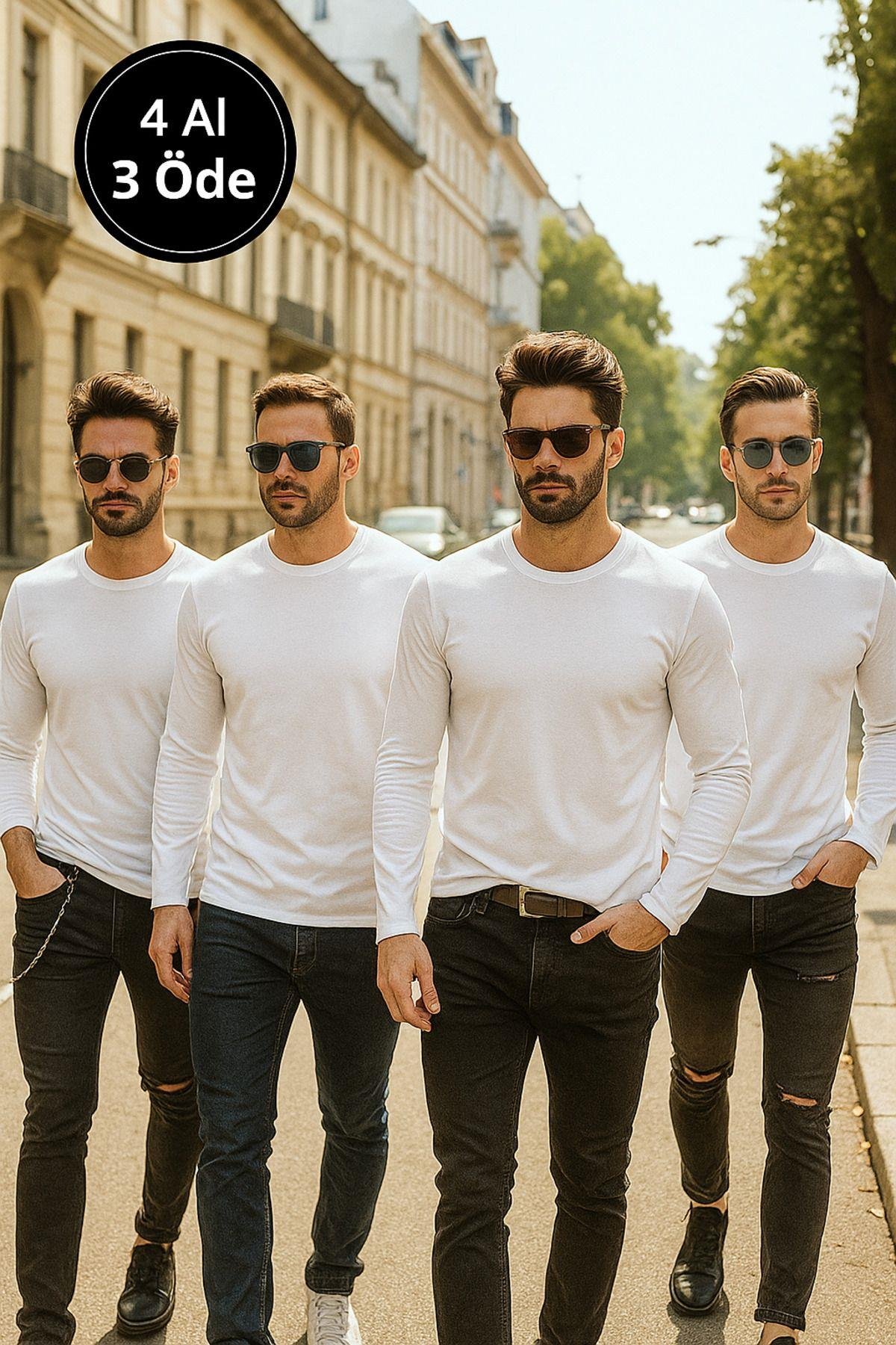Erkek Beyaz 4'lü Paket Basic Uzun Kollu Tişört Sporcu Body T-shirt