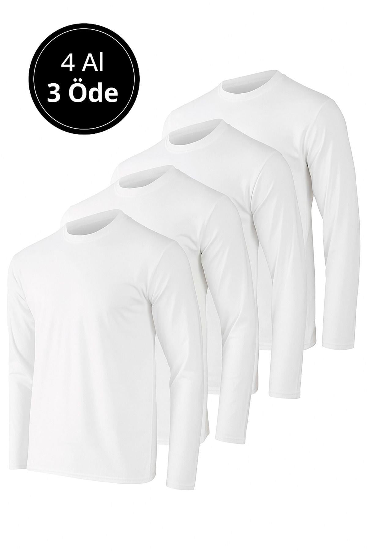 Erkek Beyaz 4'lü Paket Basic Uzun Kollu Tişört Sporcu Body T-shirt