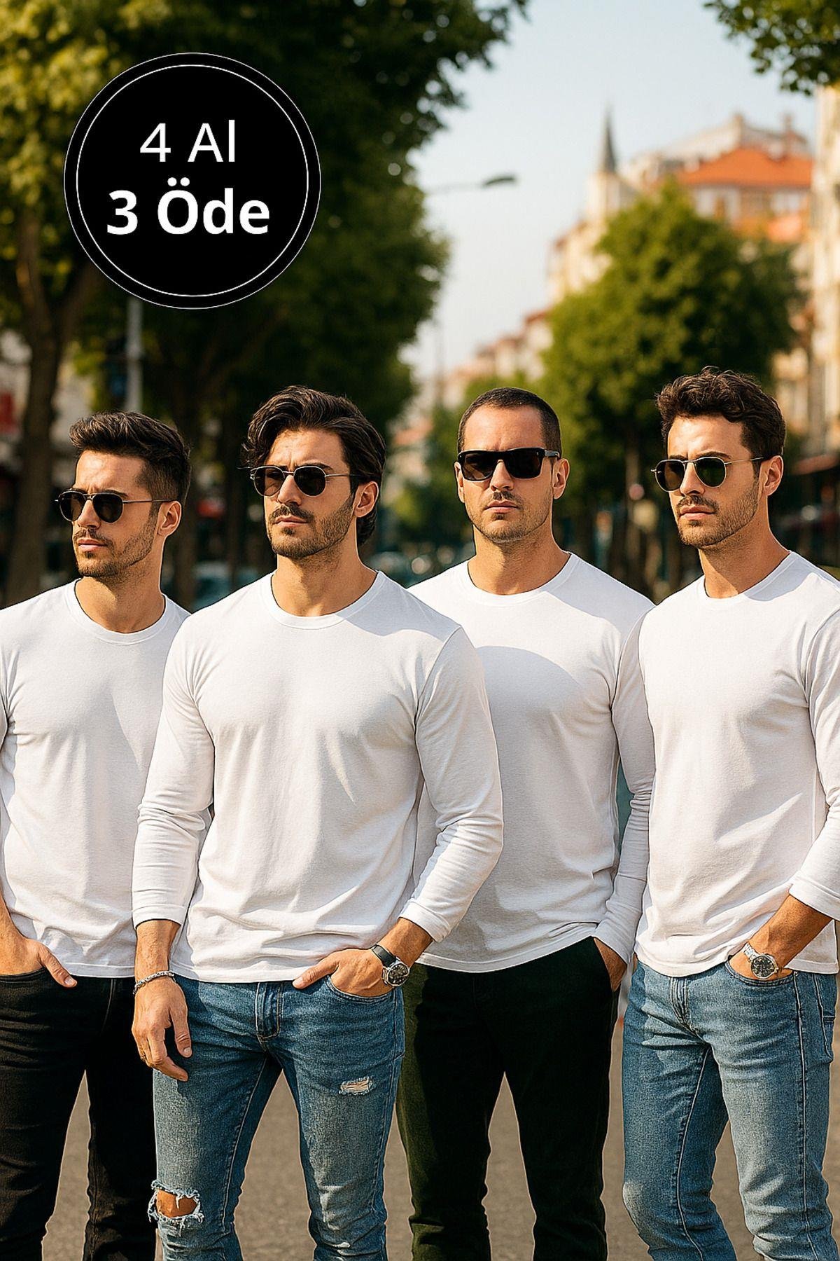 Erkek Beyaz 4'lü Paket Basic Uzun Kollu Tişört Sporcu Body T-shirt