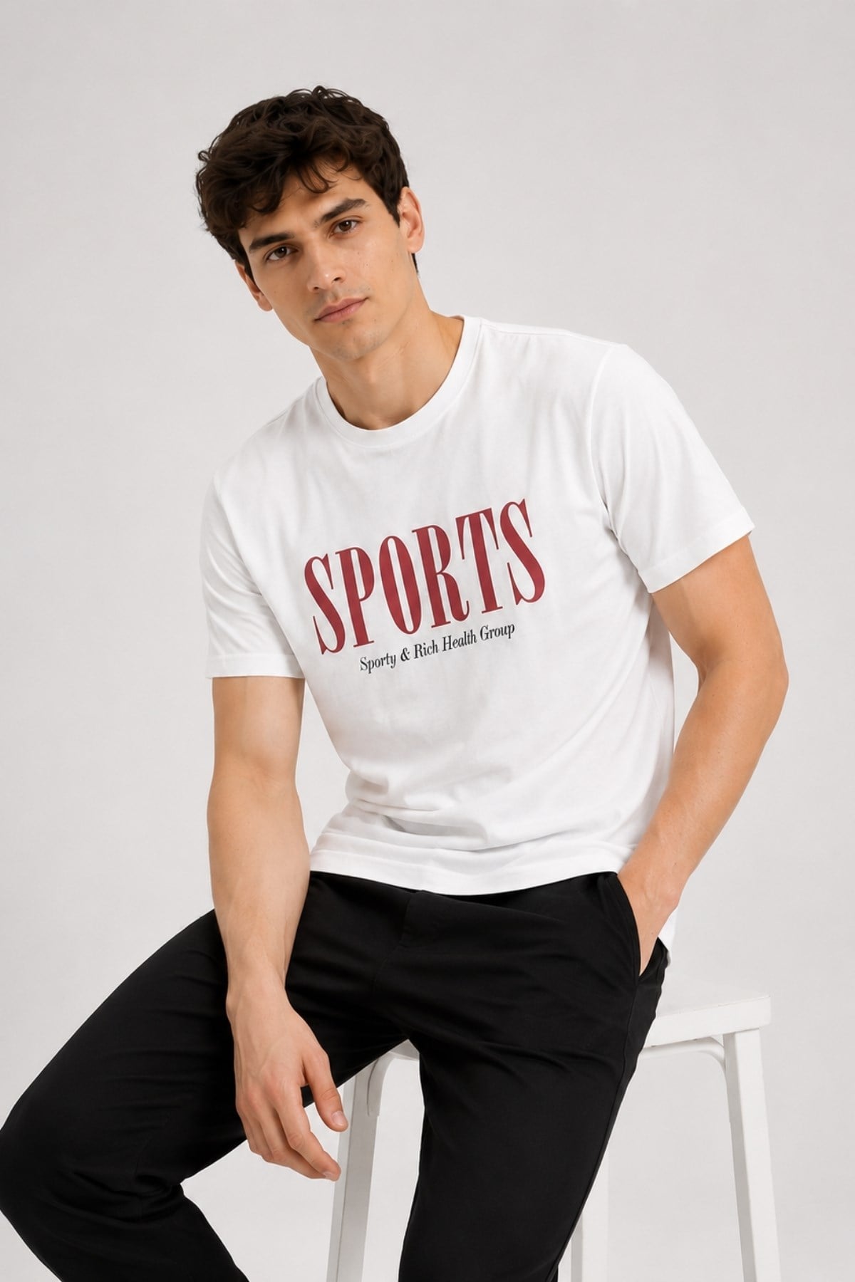 Erkek Beyaz Basic T-shirt Basıkılı Slim Fit Rahat Kalıp %100 Pamuk Tişört