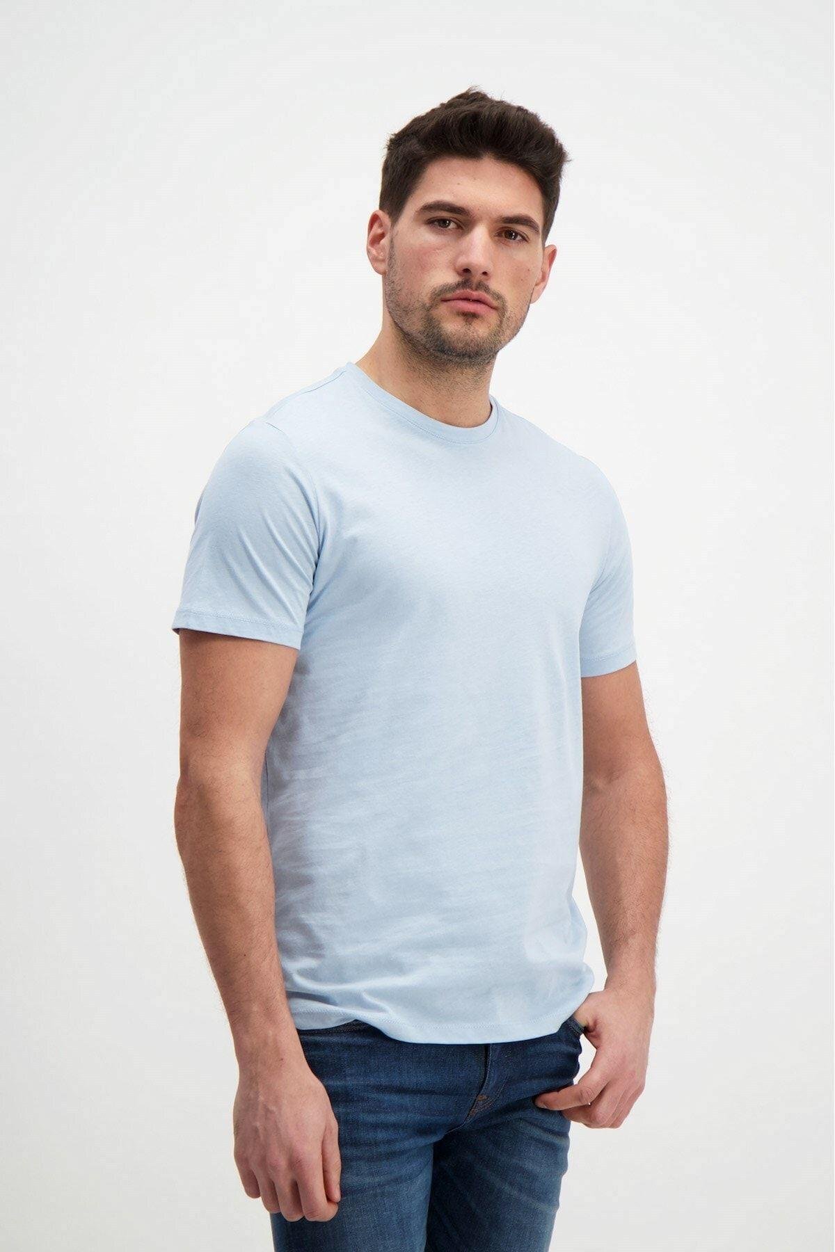 Erkek Bisiklet Yaka Açık Mavi Basic T-shirt