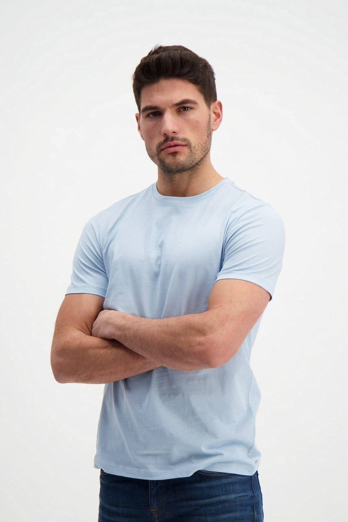 Erkek Bisiklet Yaka Açık Mavi Basic T-shirt