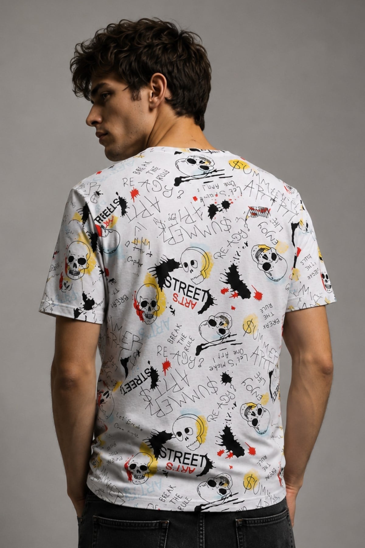 Erkek Bisiklet Yaka Baskılı T-shirt %100 Pamuk Tişört