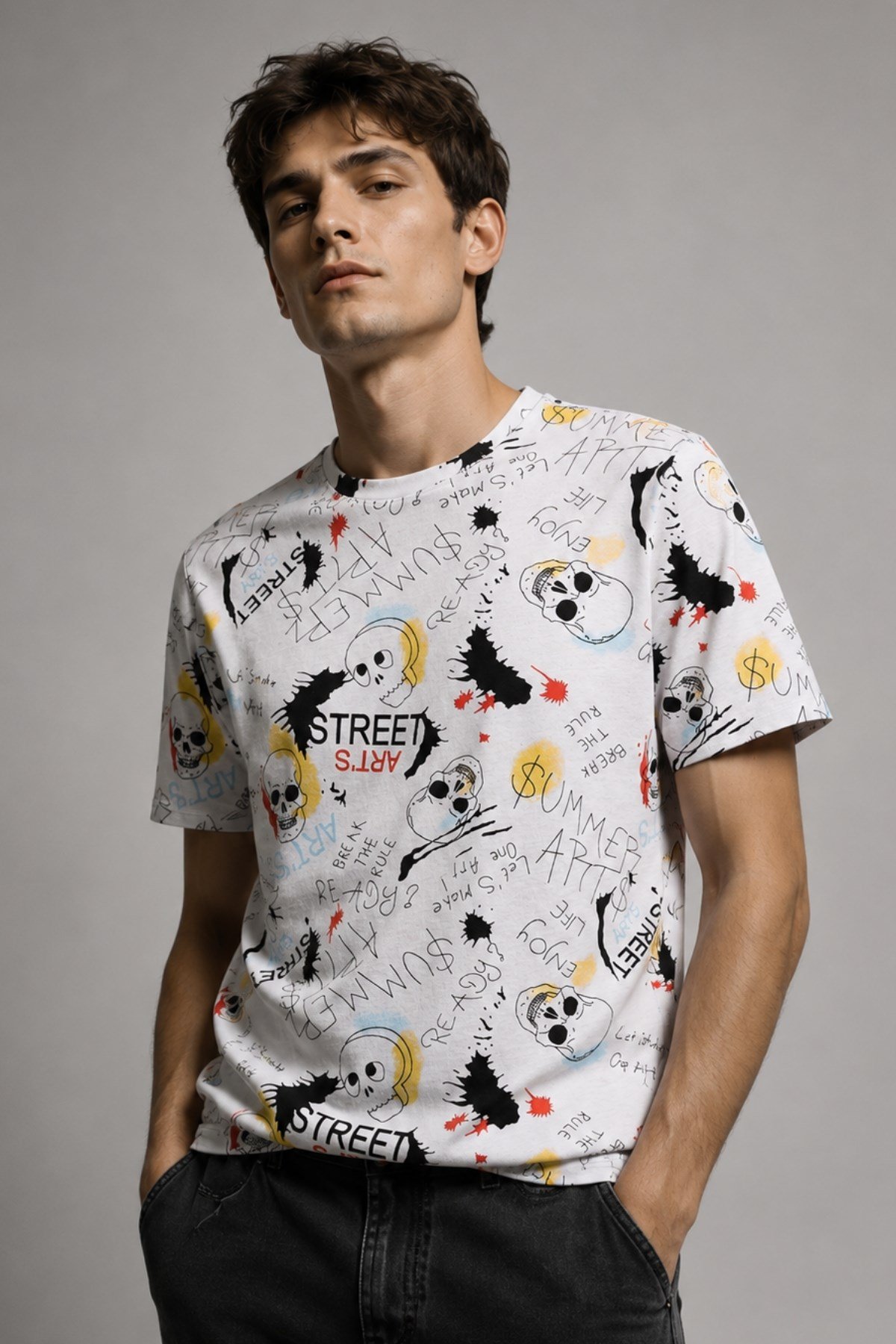 Erkek Bisiklet Yaka Baskılı T-shirt %100 Pamuk Tişört