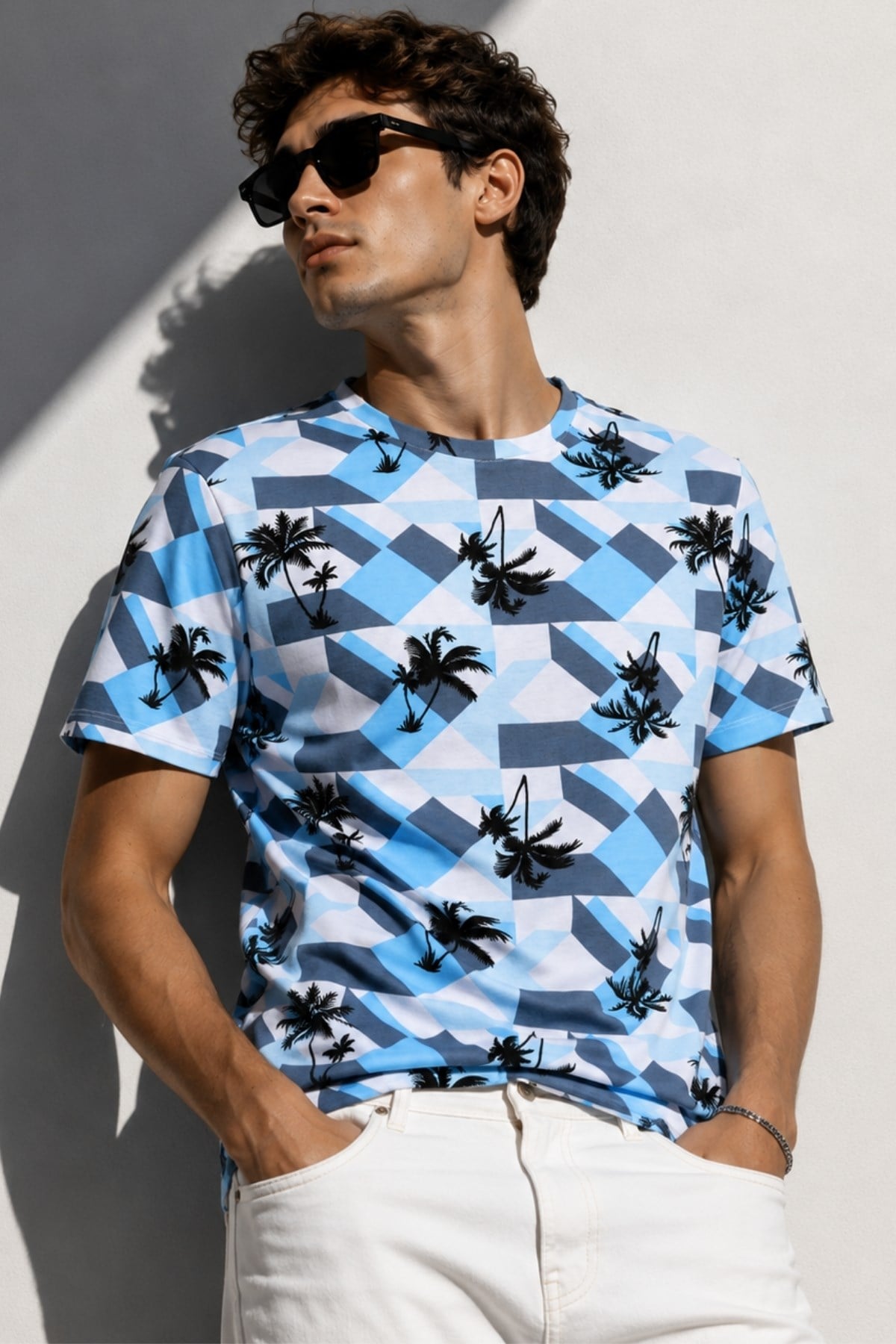 Erkek Bisiklet Yaka Baskılı T-shirt %100 Pamuk Tişört