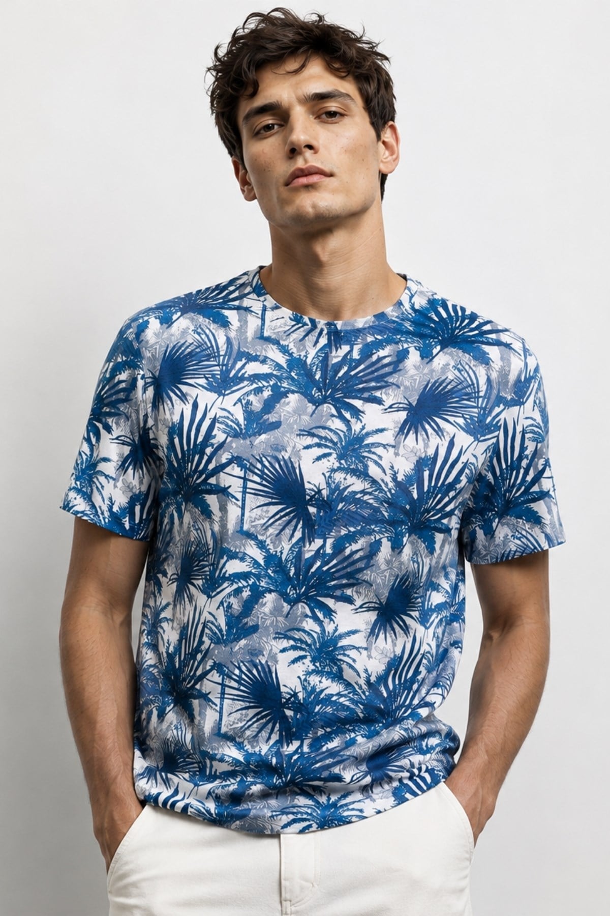 Erkek Bisiklet Yaka Baskılı T-shirt %100 Pamuk Tişört