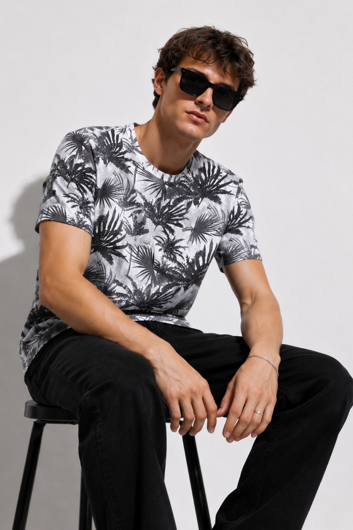 Erkek Bisiklet Yaka Baskılı T-shirt %100 Pamuk Tişört