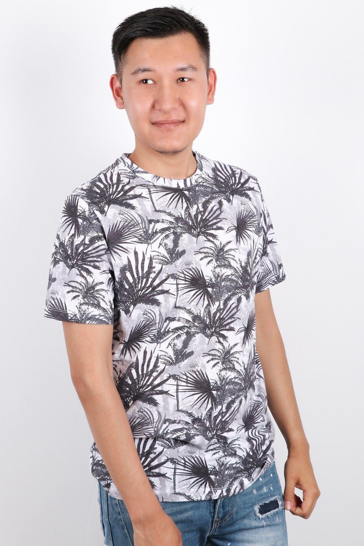 Erkek Bisiklet Yaka Baskılı T-shirt %100 Pamuk Tişört