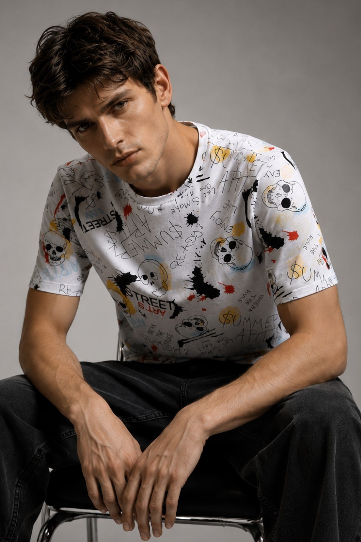 Erkek Bisiklet Yaka Baskılı T-shirt %100 Pamuk Tişört