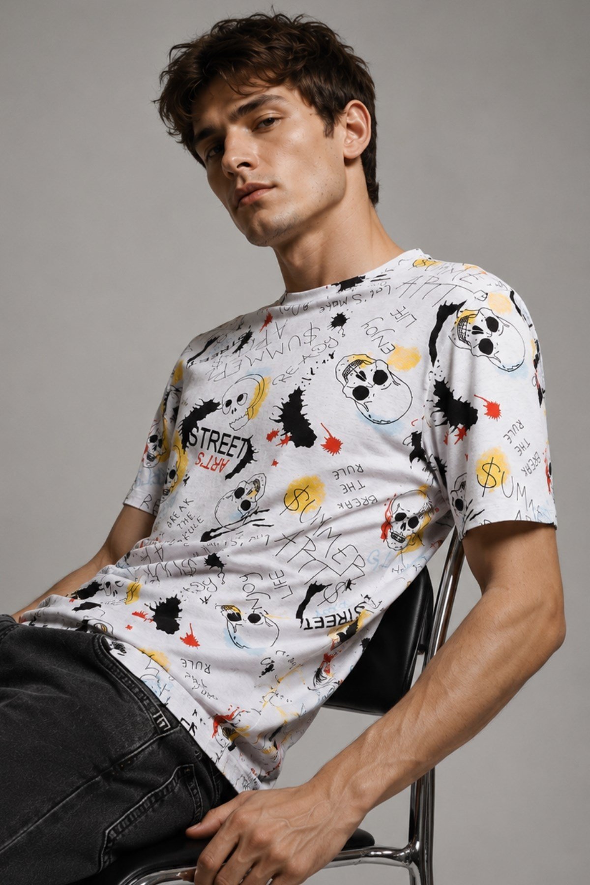 Erkek Bisiklet Yaka Baskılı T-shirt %100 Pamuk Tişört