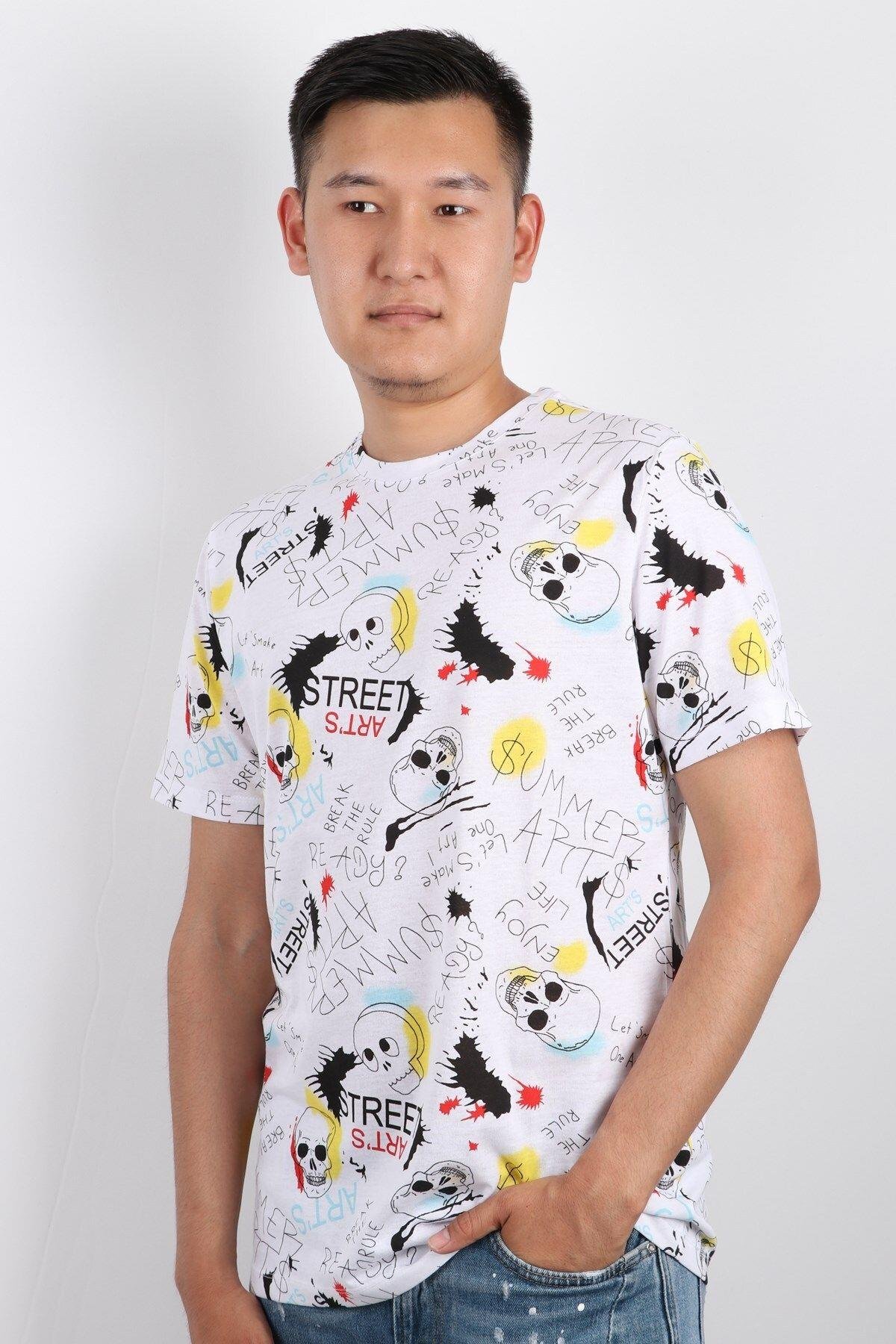 Erkek Bisiklet Yaka Baskılı T-shirt %100 Pamuk Tişört
