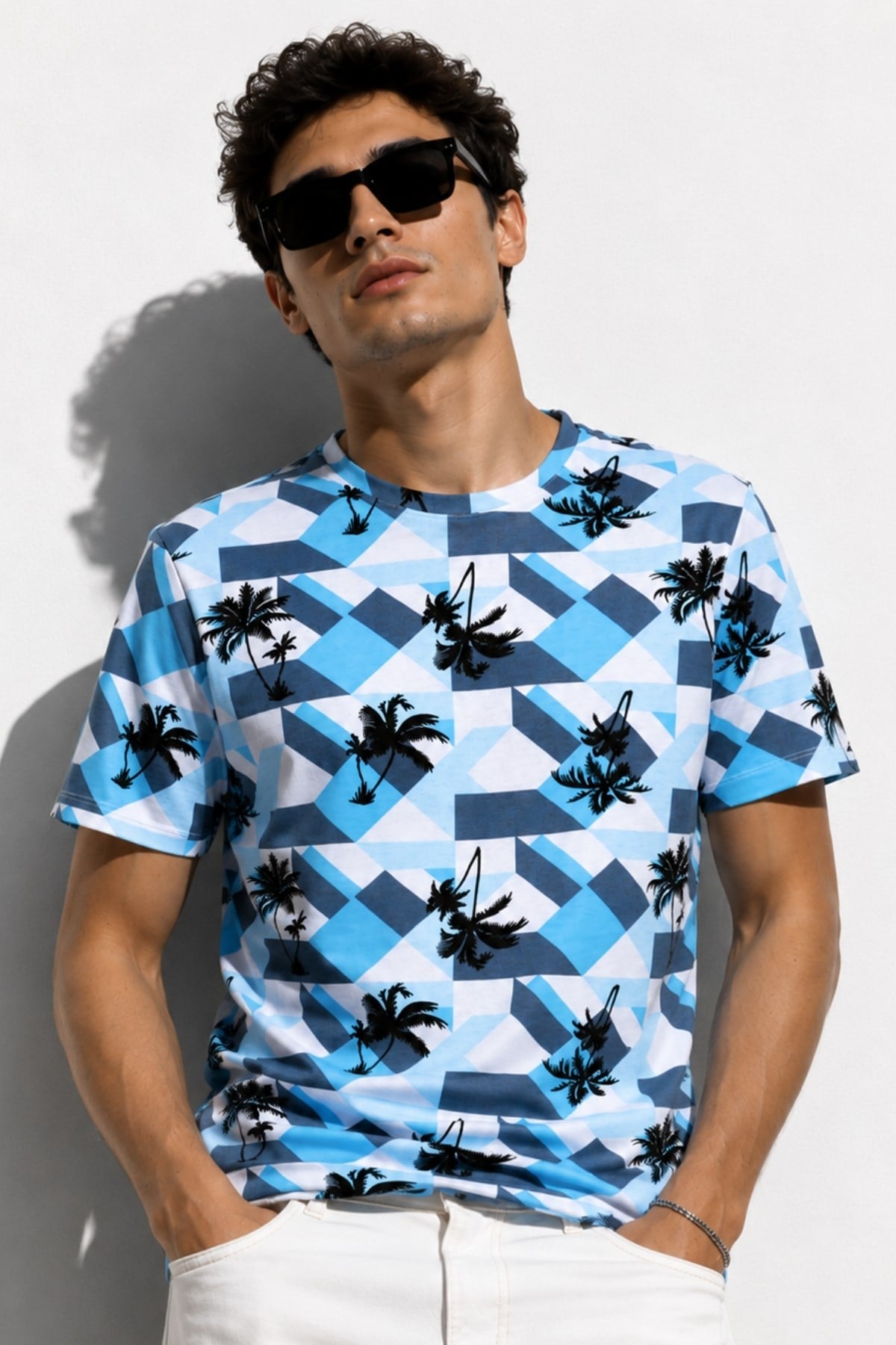 Erkek Bisiklet Yaka Baskılı T-shirt %100 Pamuk Tişört