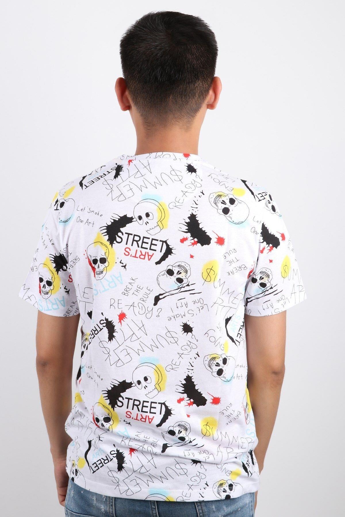 Erkek Bisiklet Yaka Baskılı T-shirt %100 Pamuk Tişört
