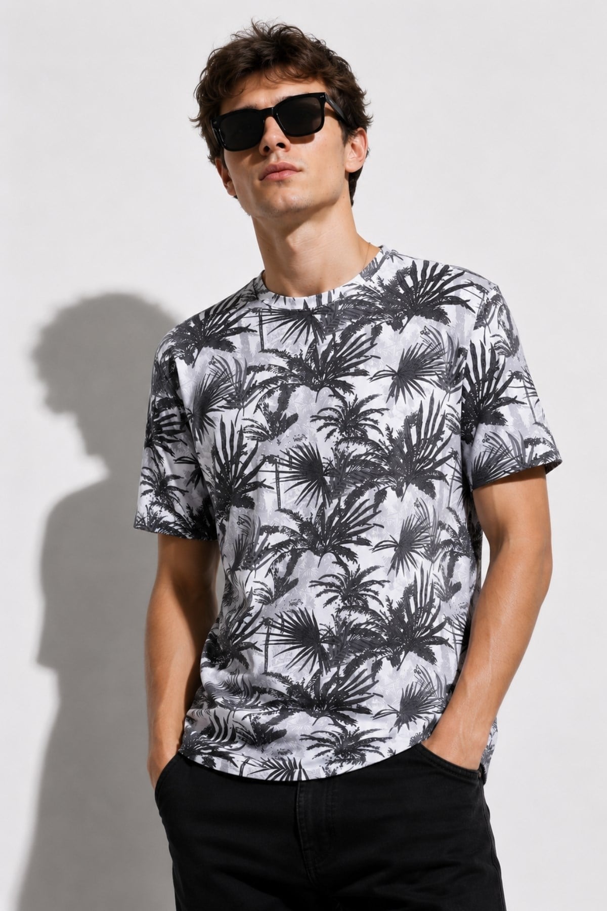Erkek Bisiklet Yaka Baskılı T-shirt %100 Pamuk Tişört
