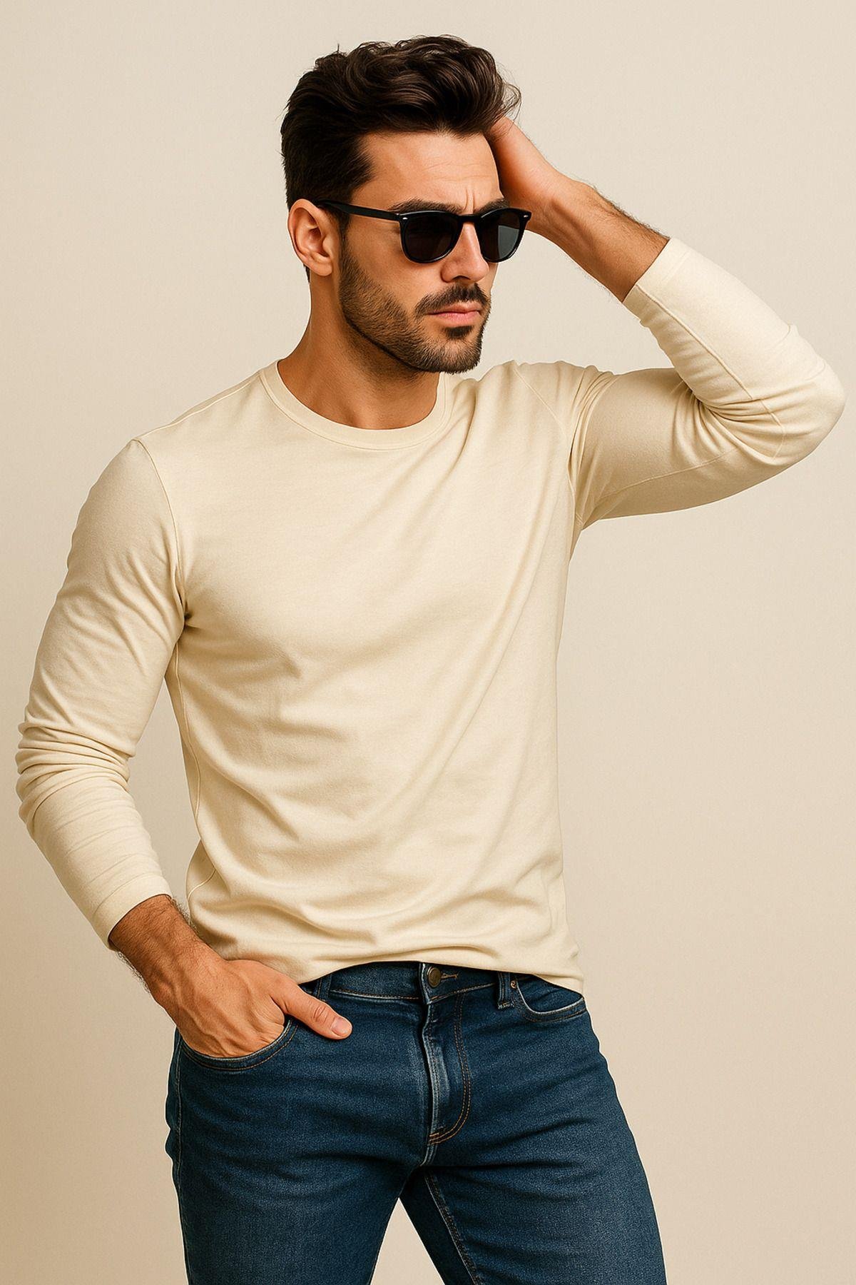 Erkek Bisiklet Yaka Bej Body %100 Pamuk Uzun Kollu Tişört Erkek Düz T-shirt