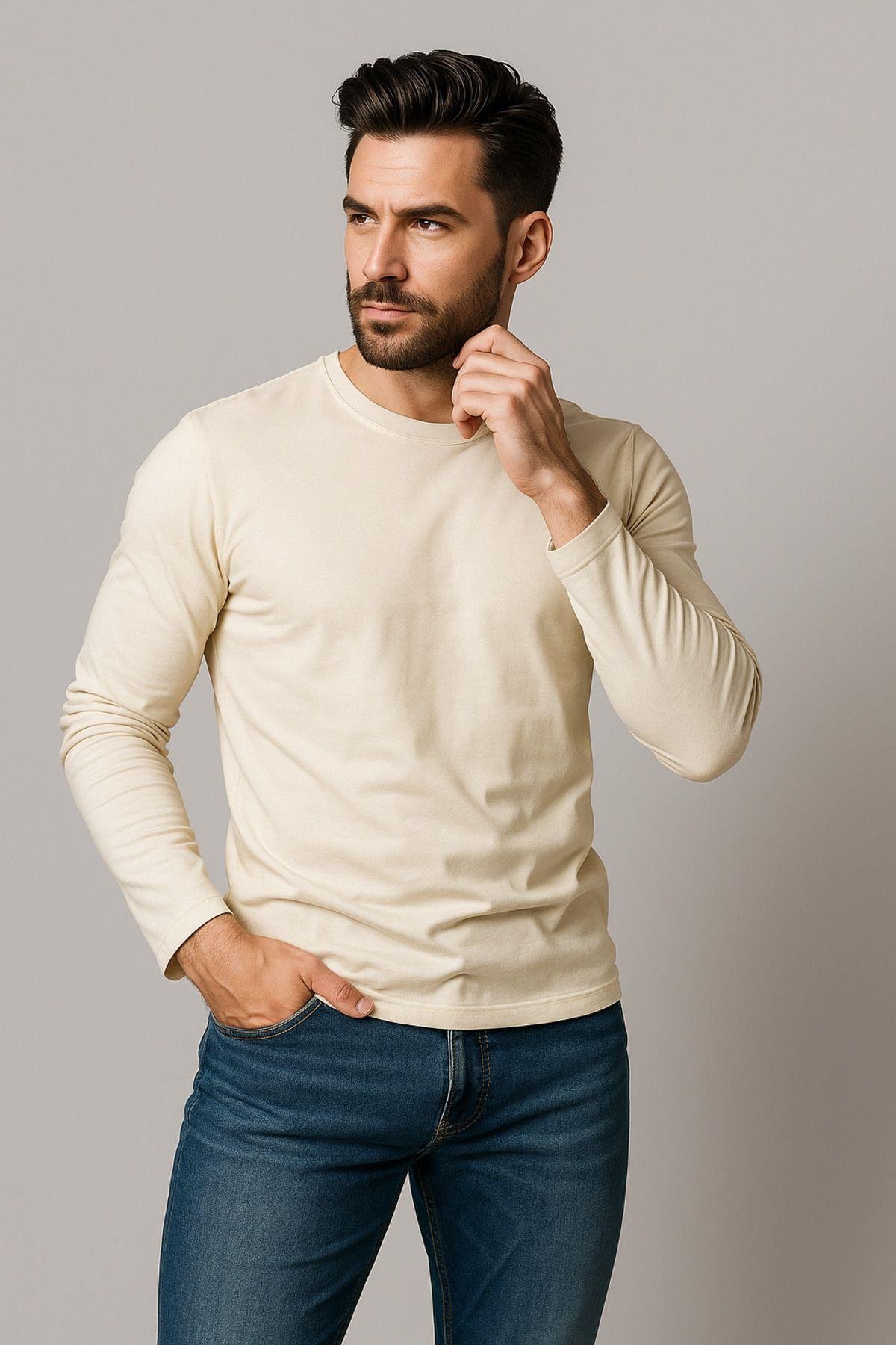 Erkek Bisiklet Yaka Bej Body %100 Pamuk Uzun Kollu Tişört Erkek Düz T-shirt