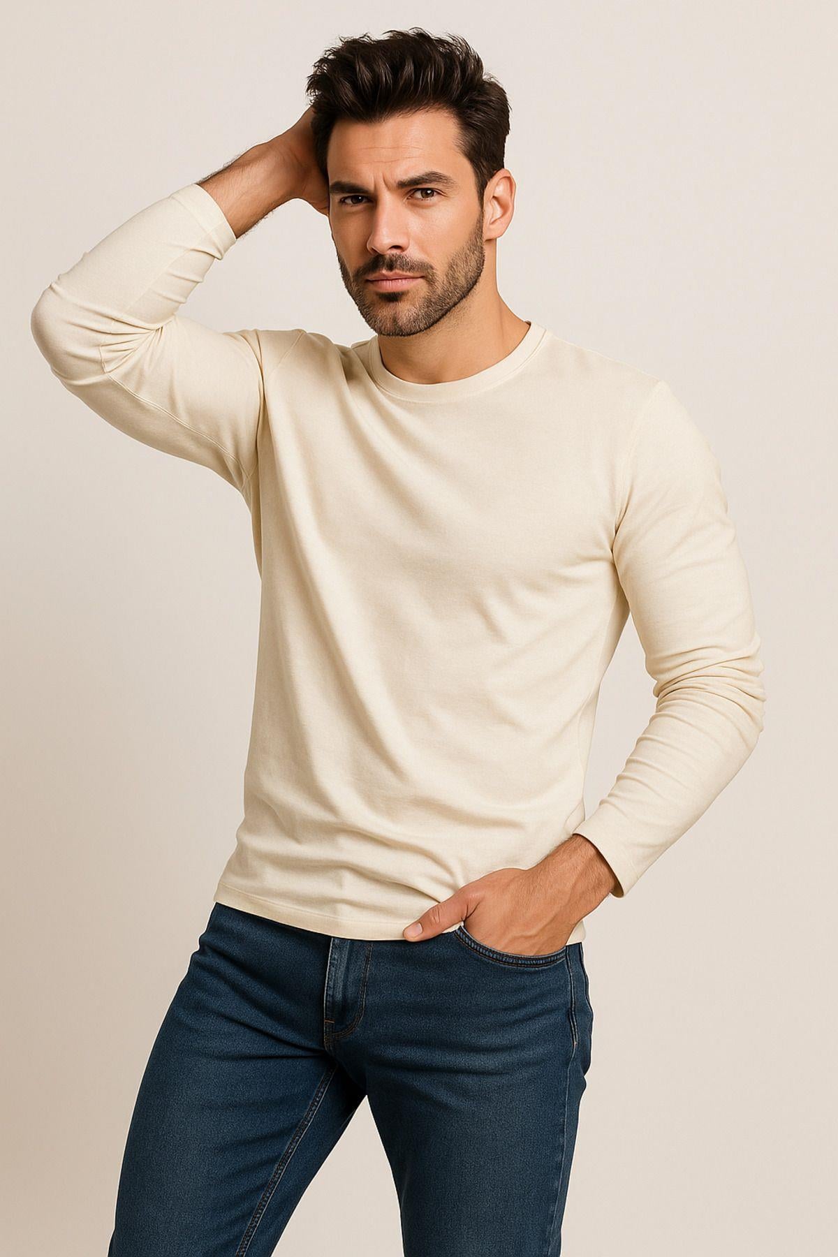 Erkek Bisiklet Yaka Bej Body %100 Pamuk Uzun Kollu Tişört Erkek Düz T-shirt