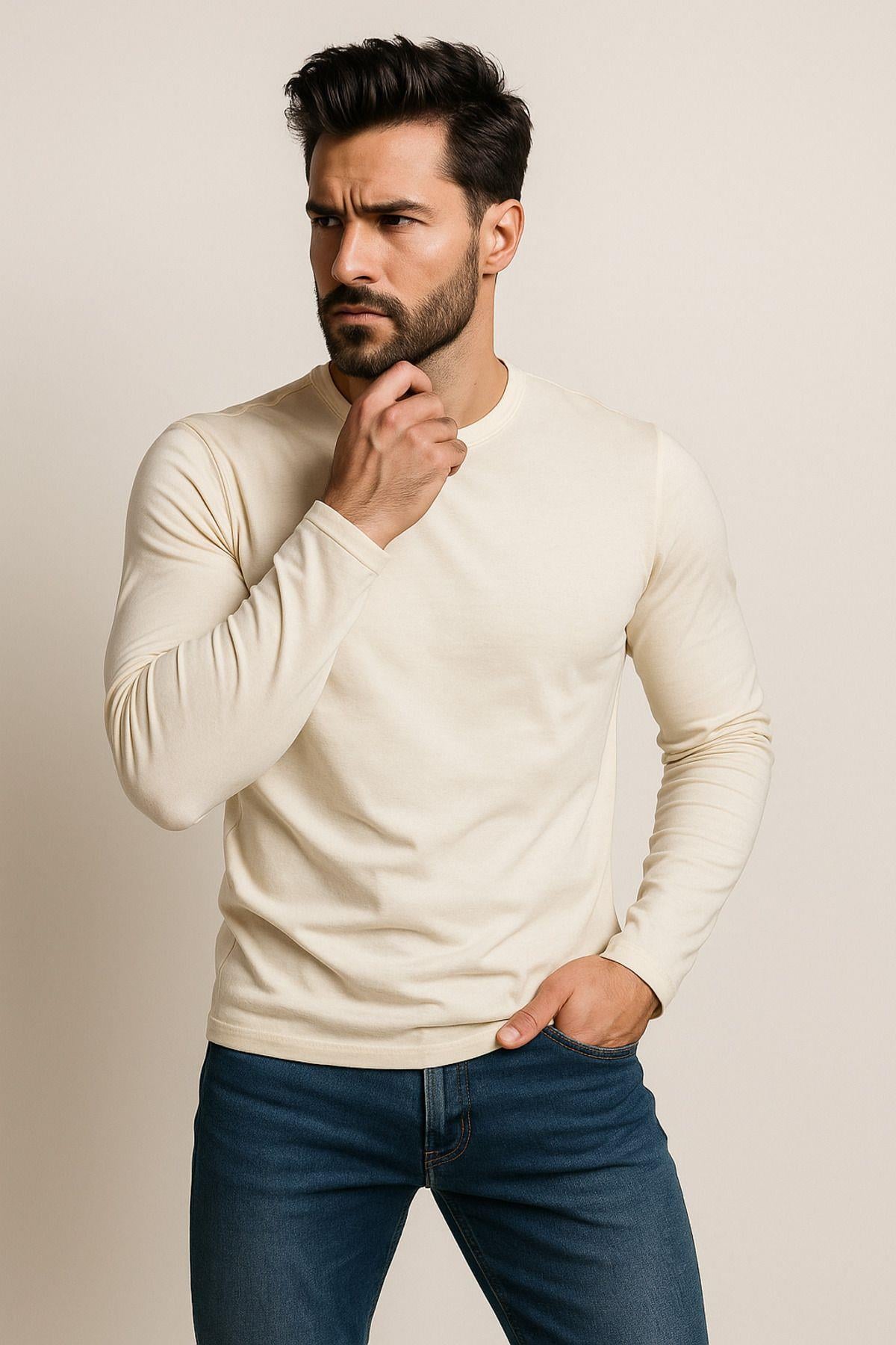 Erkek Bisiklet Yaka Bej Body %100 Pamuk Uzun Kollu Tişört Erkek Düz T-shirt