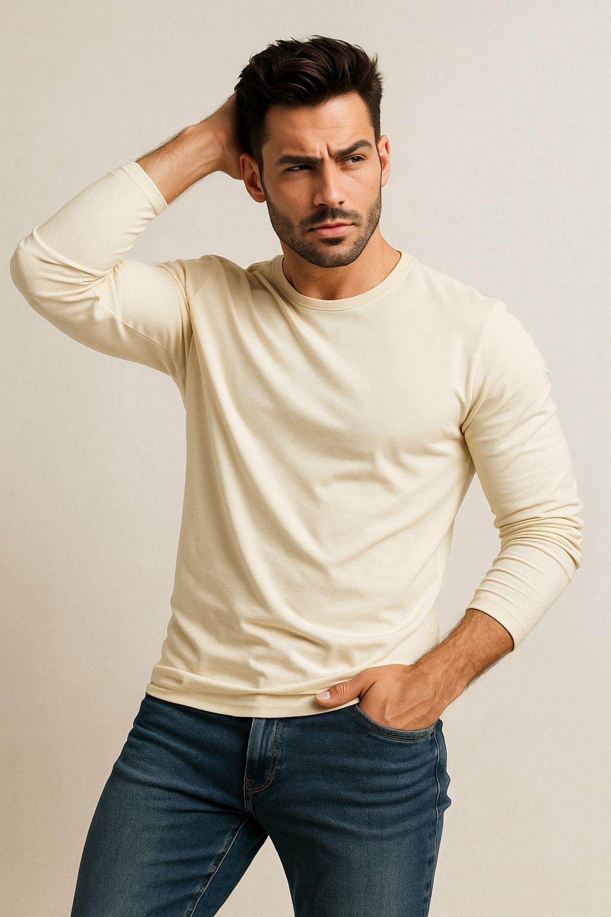 Erkek Bisiklet Yaka Bej Body %100 Pamuk Uzun Kollu Tişört Erkek Düz T-shirt