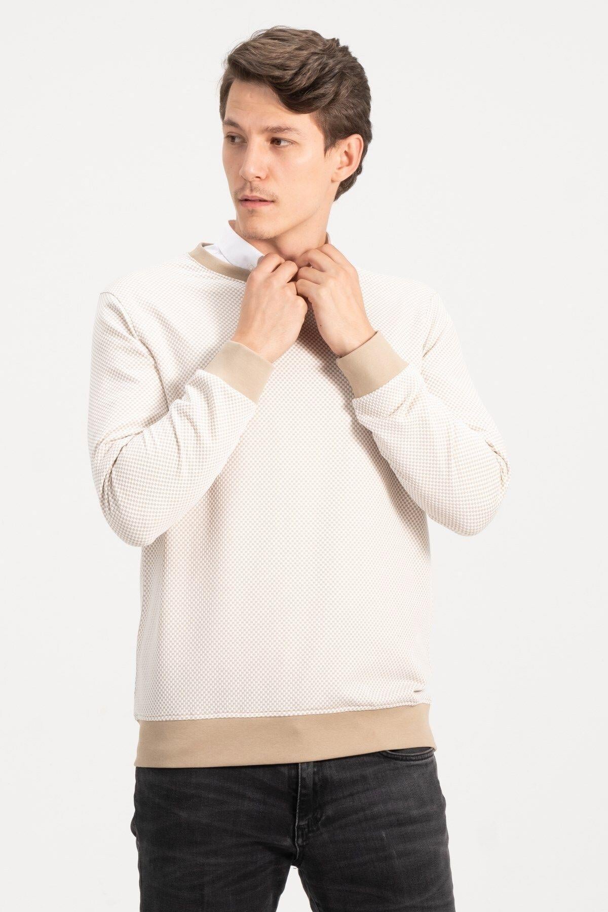 Erkek Bisiklet Yaka Bej Kazak Sweatshirt