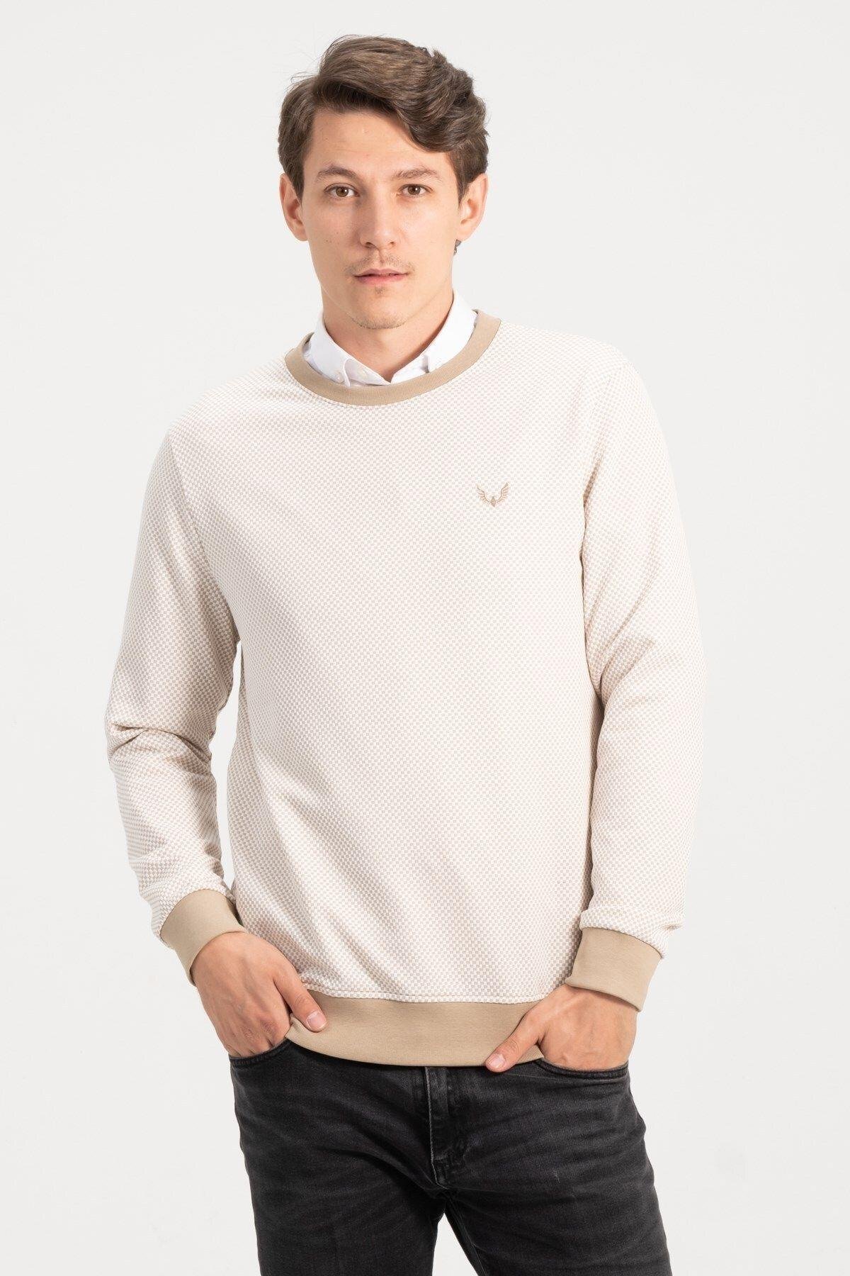Erkek Bisiklet Yaka Bej Kazak Sweatshirt