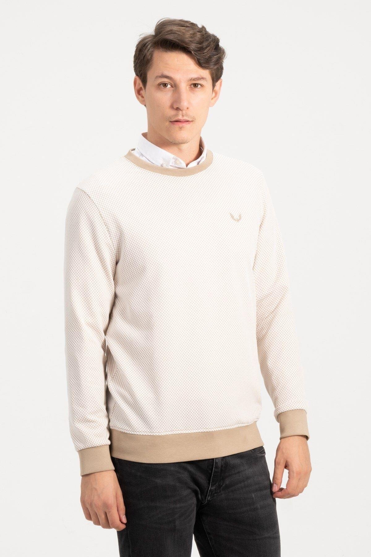 Erkek Bisiklet Yaka Bej Kazak Sweatshirt