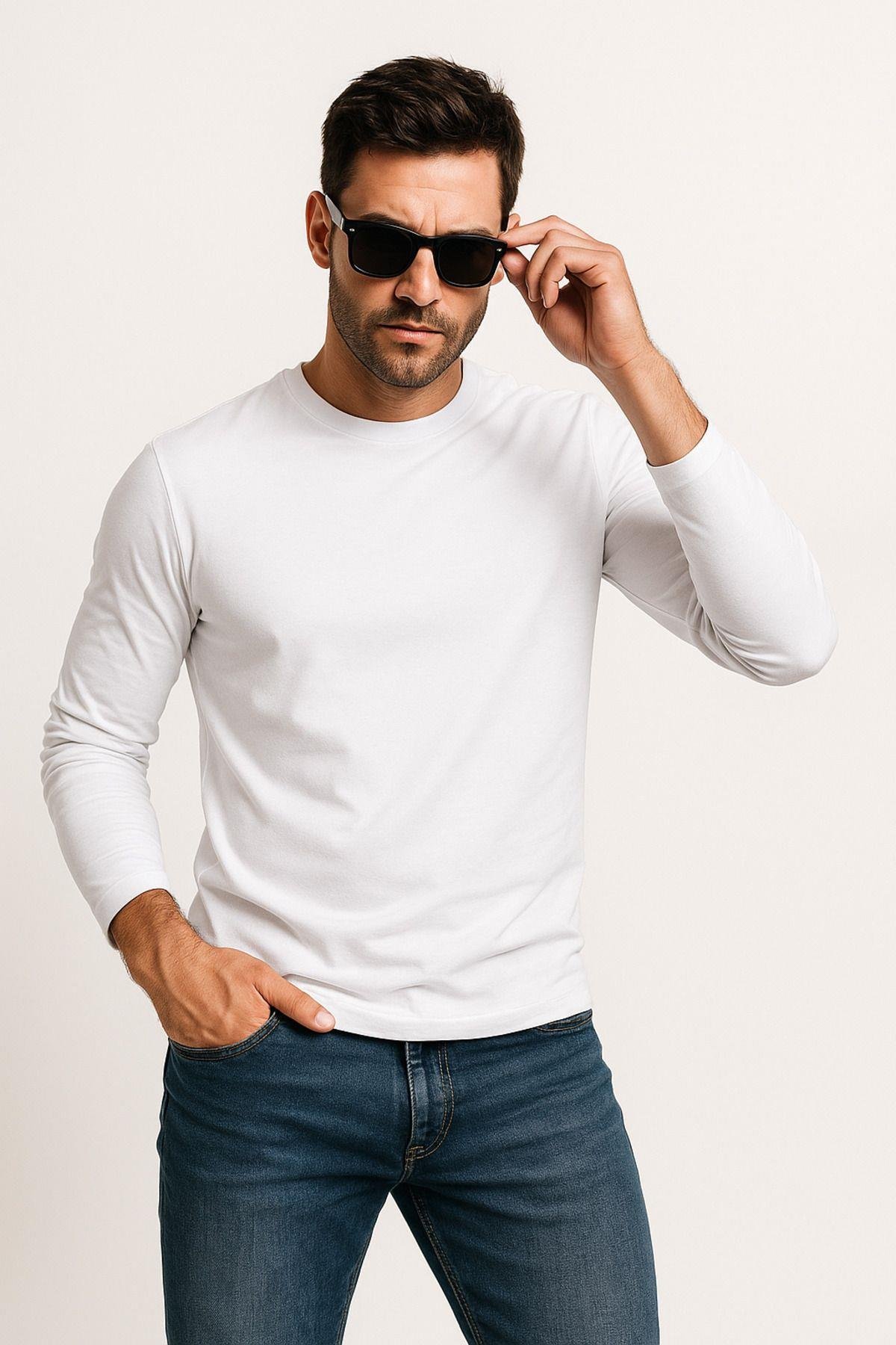 Erkek Bisiklet Yaka Beyaz Body %100 Pamuk Uzun Kollu Tişört Erkek Düz T-shirt