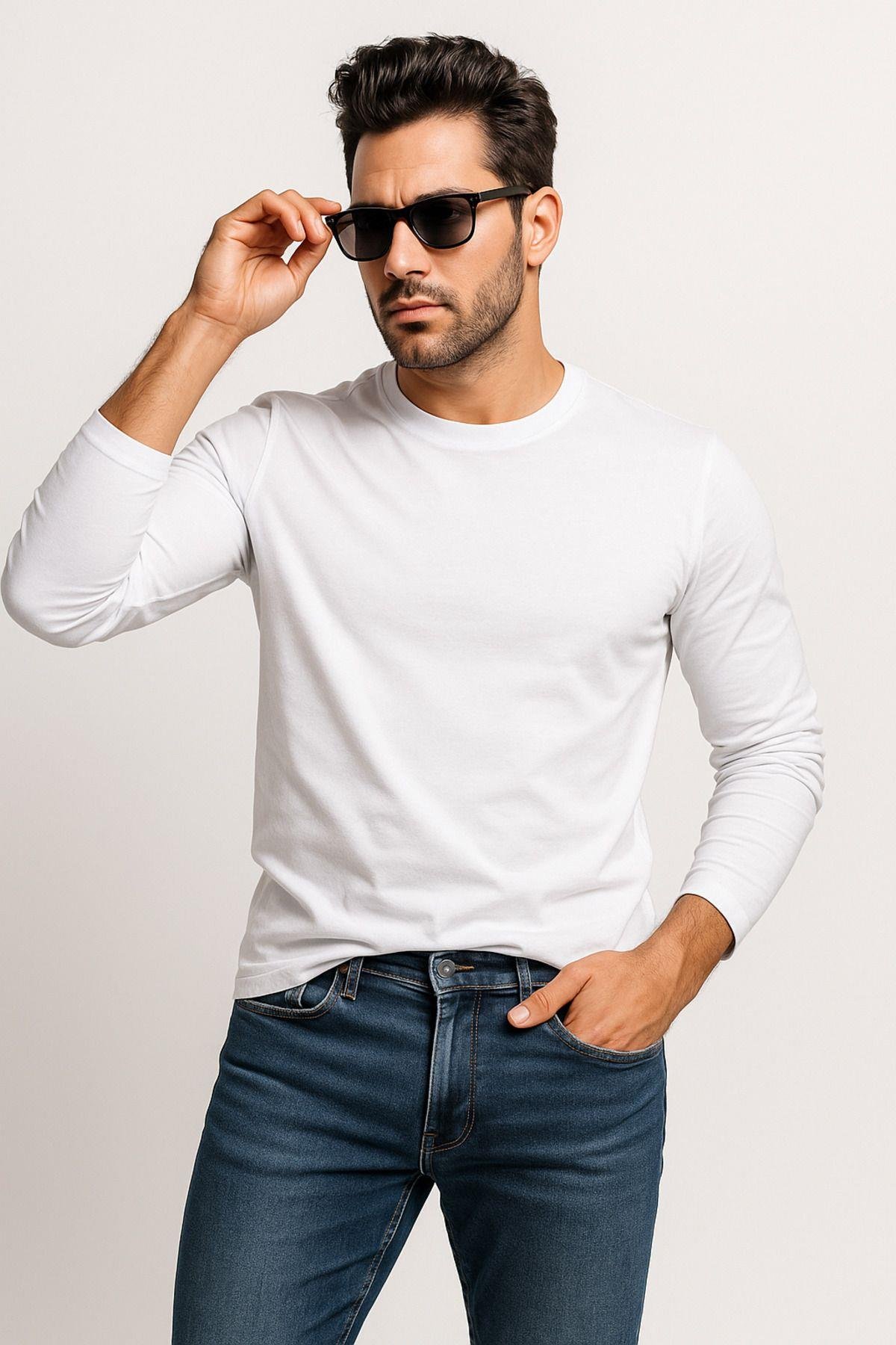 Erkek Bisiklet Yaka Beyaz Body %100 Pamuk Uzun Kollu Tişört Erkek Düz T-shirt
