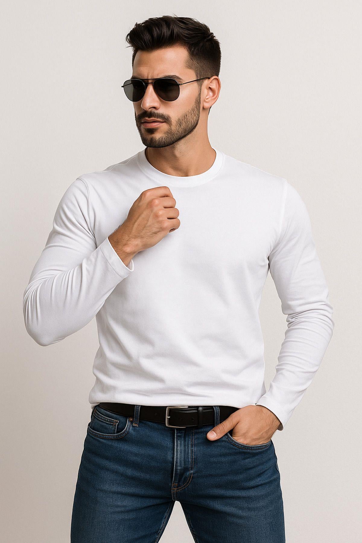 Erkek Bisiklet Yaka Beyaz Body %100 Pamuk Uzun Kollu Tişört Erkek Düz T-shirt