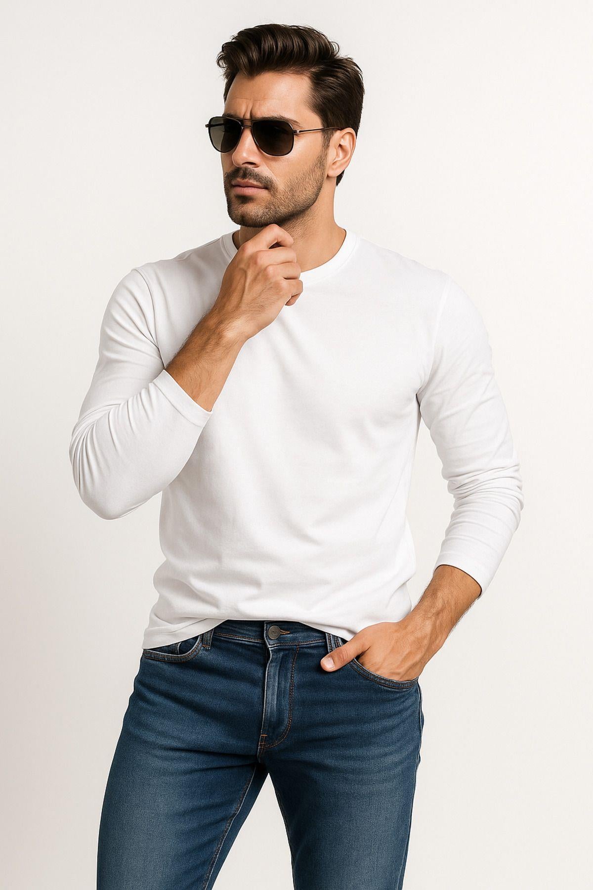 Erkek Bisiklet Yaka Beyaz Body %100 Pamuk Uzun Kollu Tişört Erkek Düz T-shirt