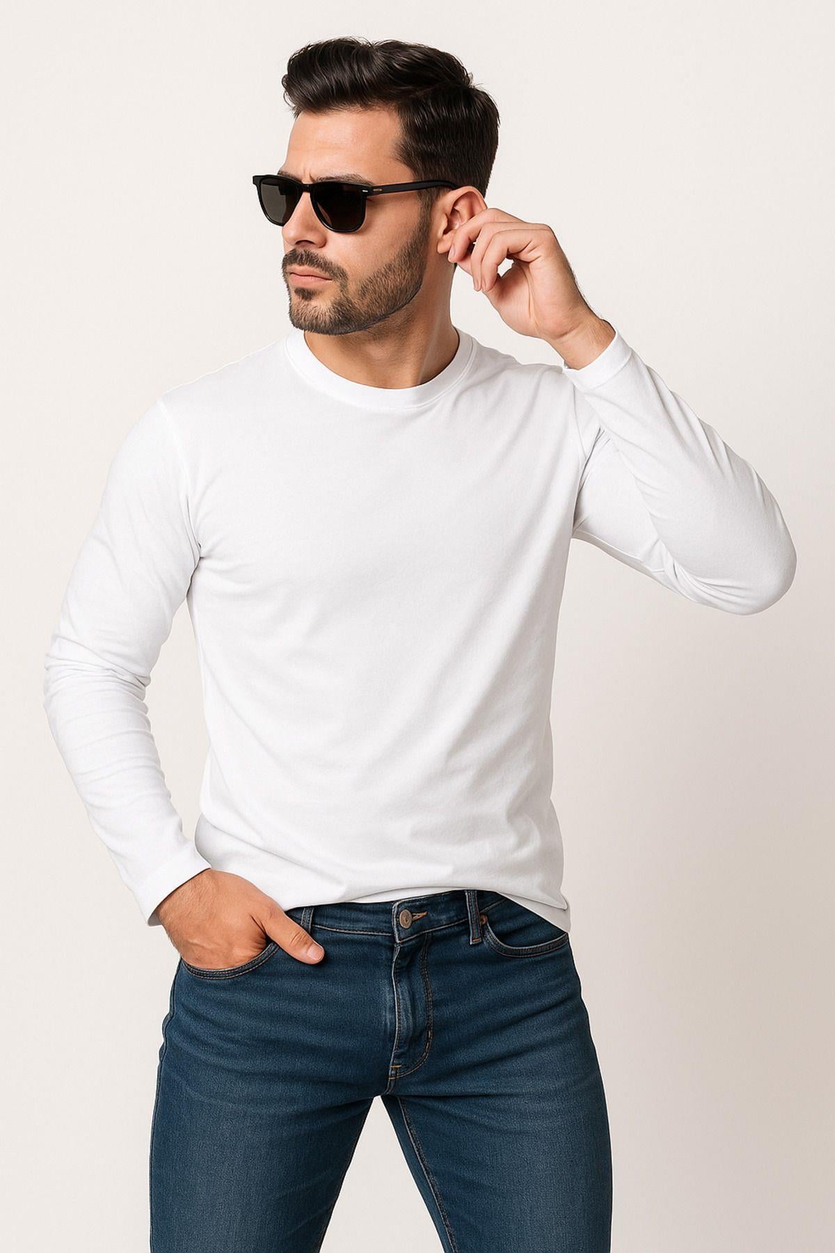 Erkek Bisiklet Yaka Beyaz Body %100 Pamuk Uzun Kollu Tişört Erkek Düz T-shirt