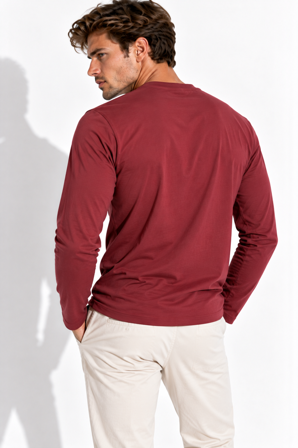 Erkek Bisiklet Yaka Bordo Body %100 Pamuk  Uzun Kollu Tişört