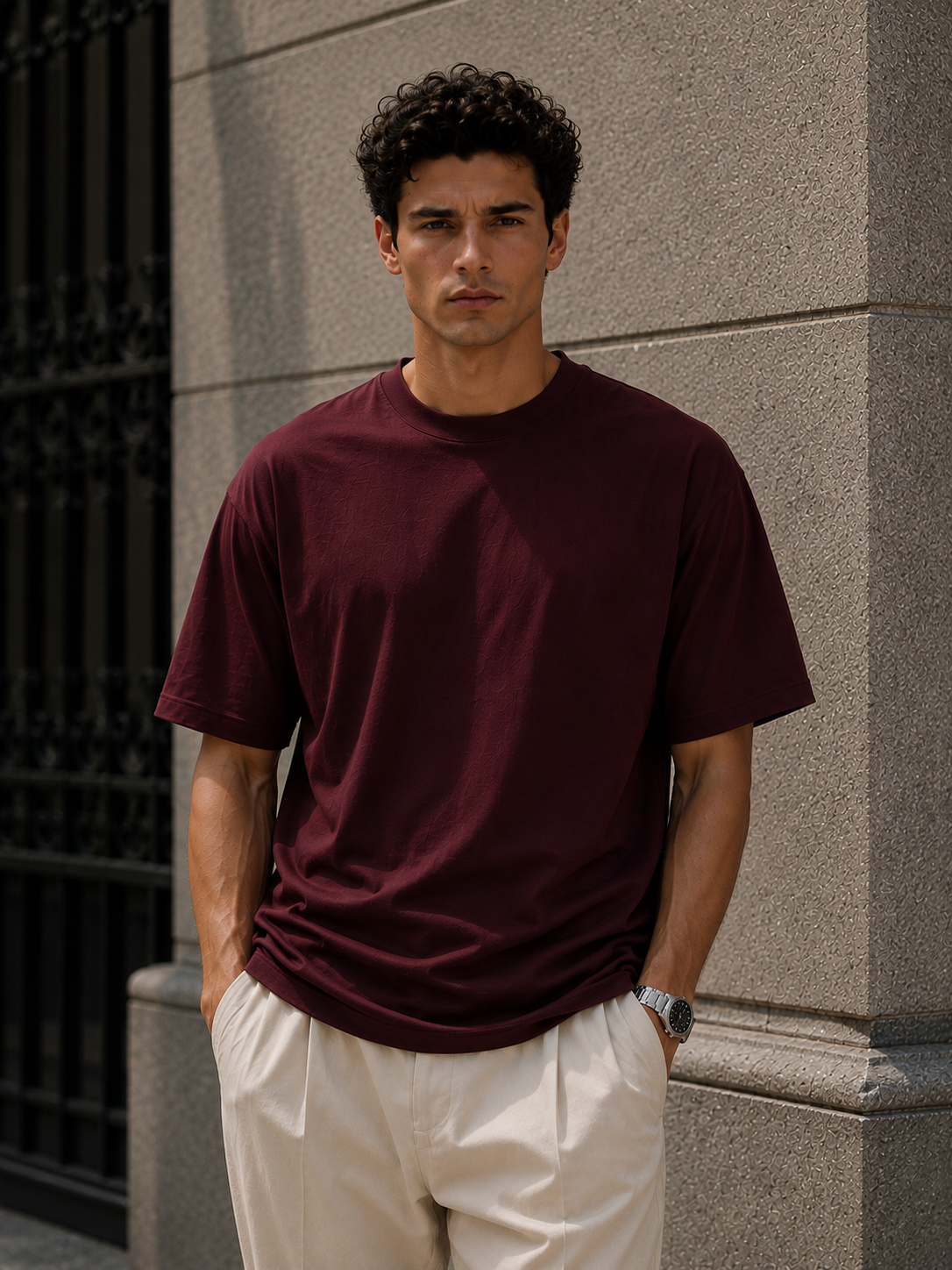 Erkek Bordo Merserize İnterlok Kumaş Oversize T-Shirt